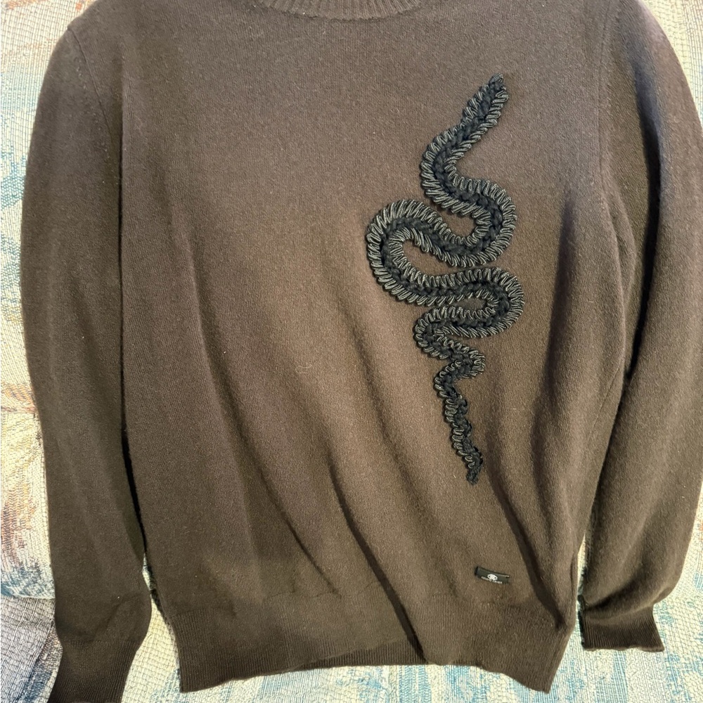 Roberto Cavalli Brown Crewneck Sweater with Black Embroidered Snake